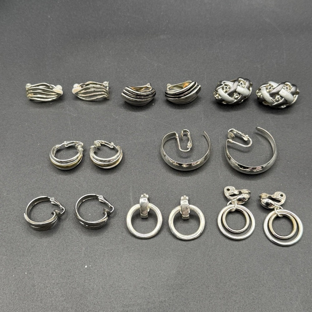 Vintage Lot 8 Pairs Silver Tone Clip On Earrings Costume Jewelry Huggie Dangle